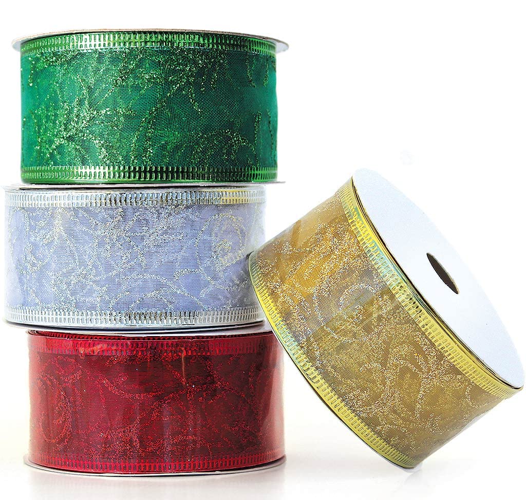 Christmas Ribbon Wired 1.5 Inch Set of 4 Ribbon Wire Red, Green, Gold, Silver/White Sheer Organza Glitter Gift, Xmas Ribbons Decoration, Holiday Craft, Gifts Wrap 40 Yards / 10 Yard Ea. Roll