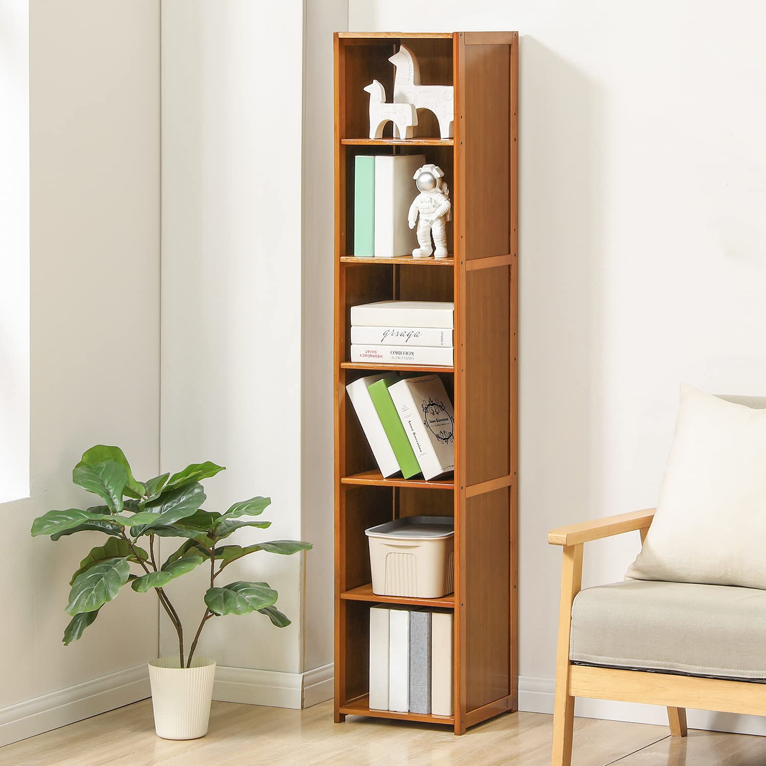 MoNiBloom Tall Slim Narrow Bookcase Bamboo 6 Tier Free Standing Tall Bookshelf Display Storage Shelves Collection Décor Furniture for Home Living Room Study Room, Brown