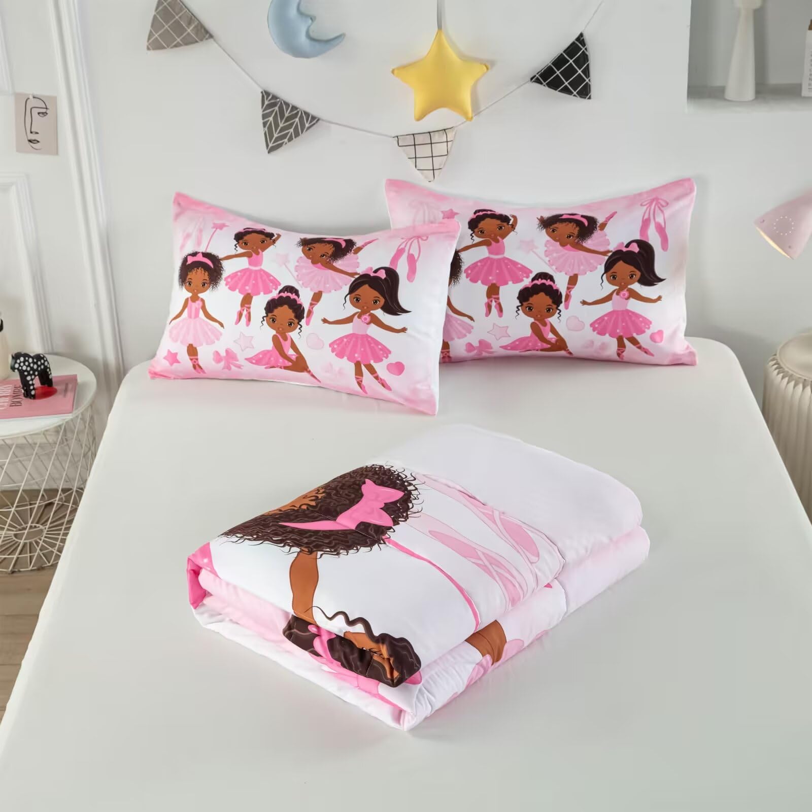 CKOU CCOO Girls Pink Ballerina Comforter Set Twin,African American Black Girl Bedding Set,Cute Little Ballet Princess Comforter Set Bedspread for Kids Toddler Girls BeBedroom Set Room Decor