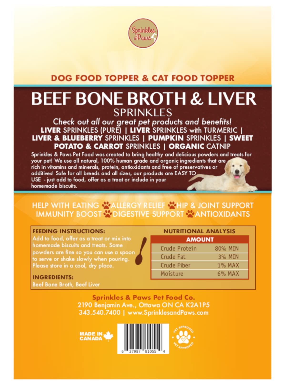 Sprinkles & Paws Beef Bone Broth and Liver Sprinkles | Dog Food Topper with Beef Liver for Dogs and Beef Bone Broth in Healthy Powder Form | Liver Powder for Dogs Helps with Eating and Appetite