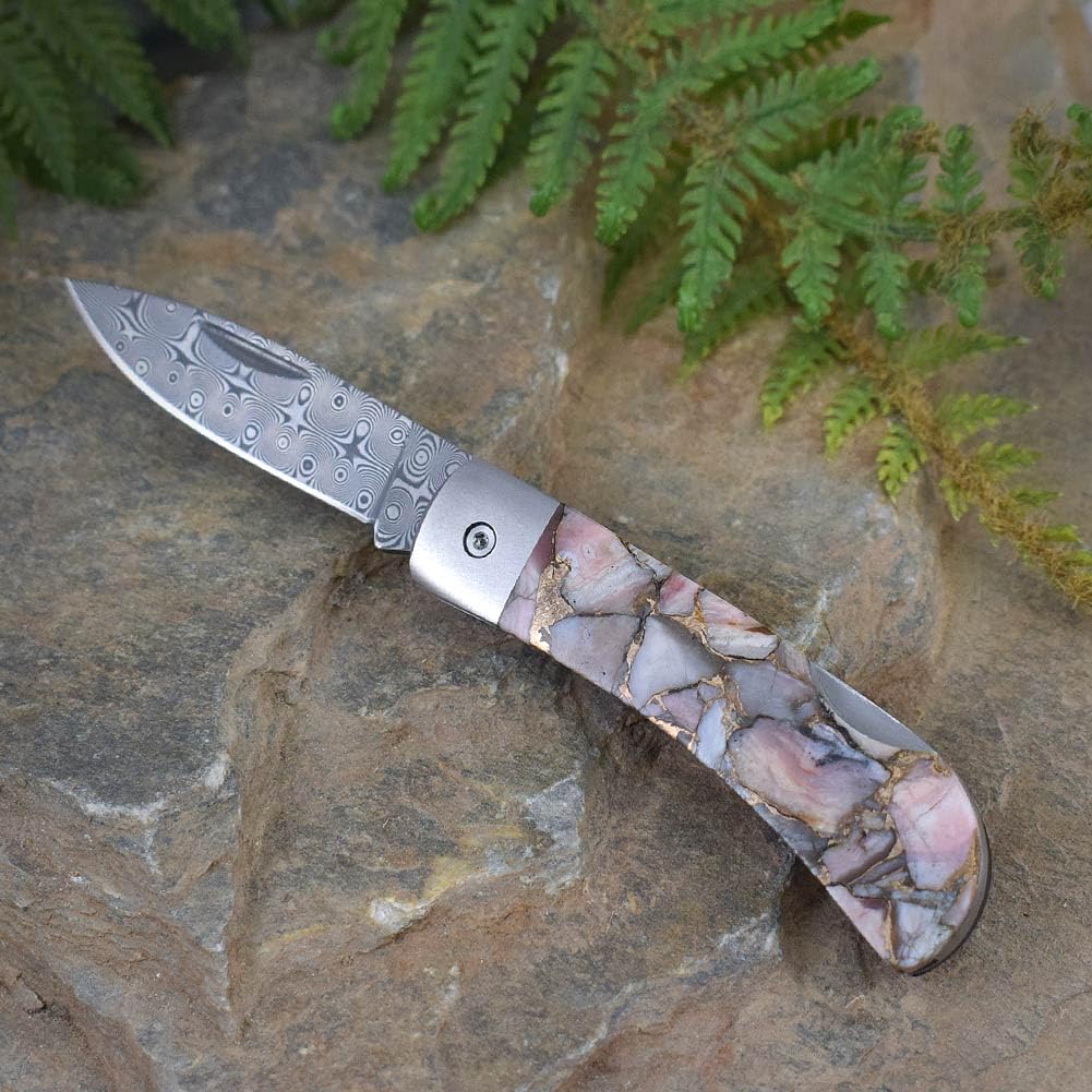 Folding Pocket Knife with Damascus Blade and Artisan-Crafted Pink Peruvian Opal Stone Handle, 3"