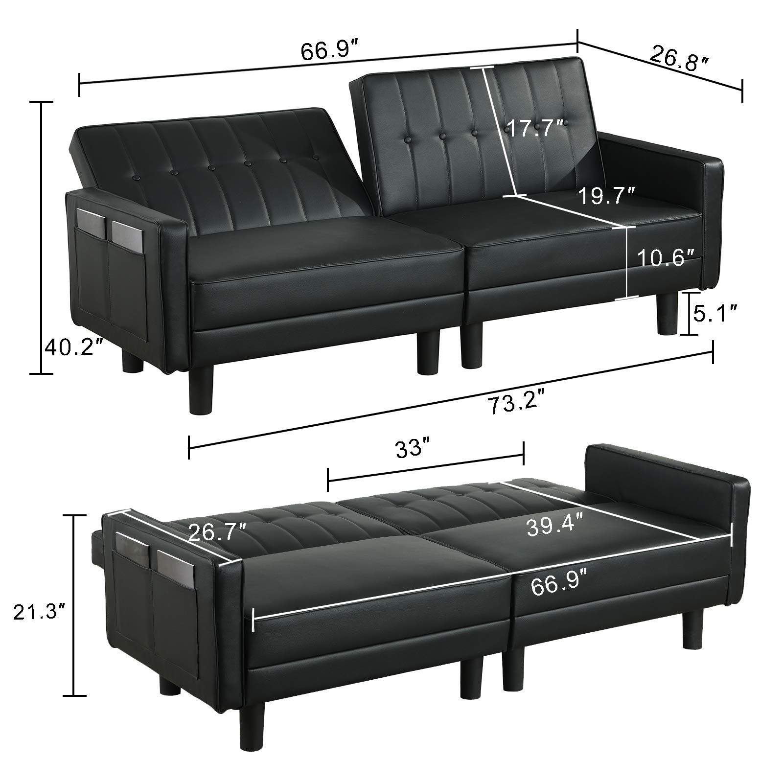 VUYUYU Futon Sofa Couch Bed, Faux Leather Loveseat Couches for Living Room, Mid-Century Modern Tufted Convertible Love Seats Recliner Sleeper Sofa for Small Space with Armrest/Side Pockets