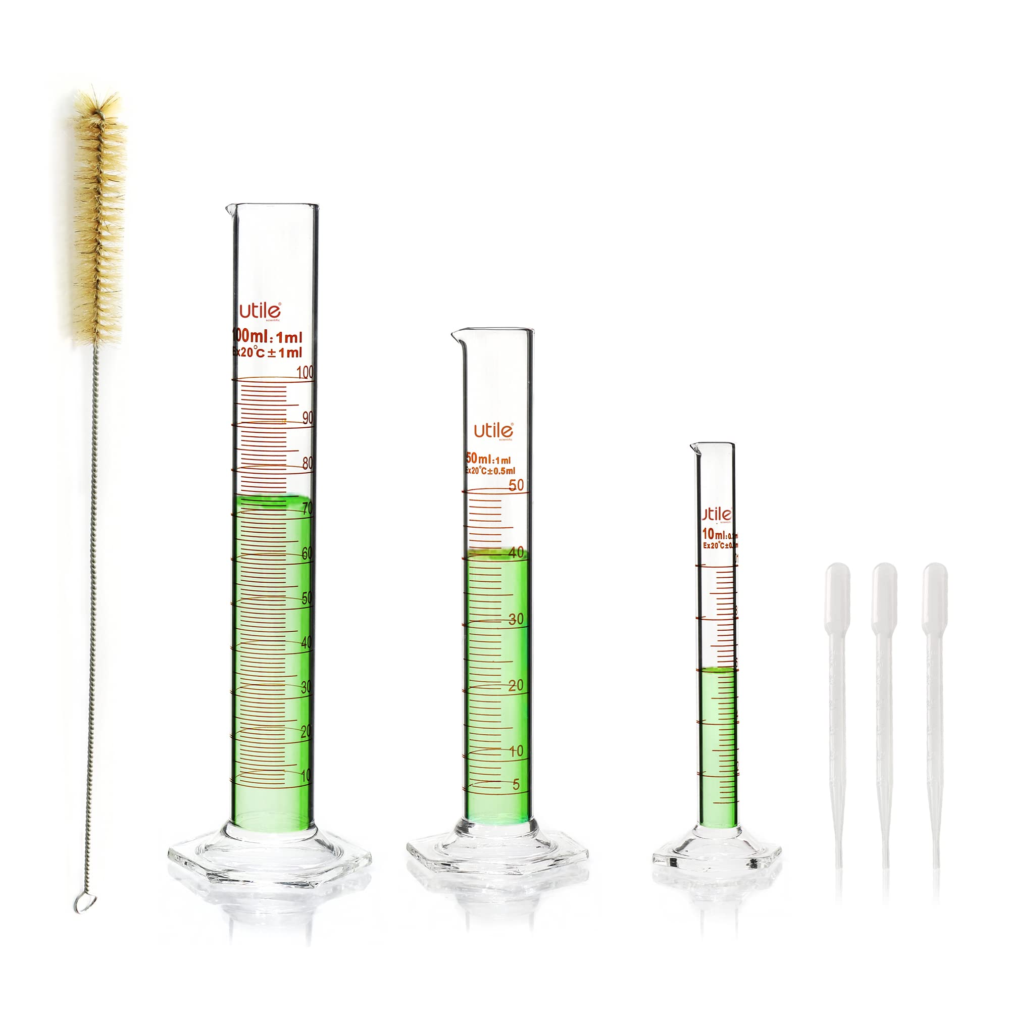 Utile Glass Graduated Cylinder Set, 3 Sizes Measuring Cylinders in 10ml 50ml 100ml, Borosilicate 3.3 Glass with Hexagonal Base, 3ml Transfer Pipettes and 1 Cleaning Brush Offered, 4099.0016.1.