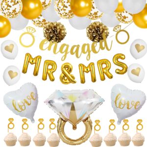 gold engagement party decorations, gold engaged banner, mr and mrs balloons, giant ring, heart balloons, gold latex confetti balloons for engagement bachelorette and bridal shower decorations