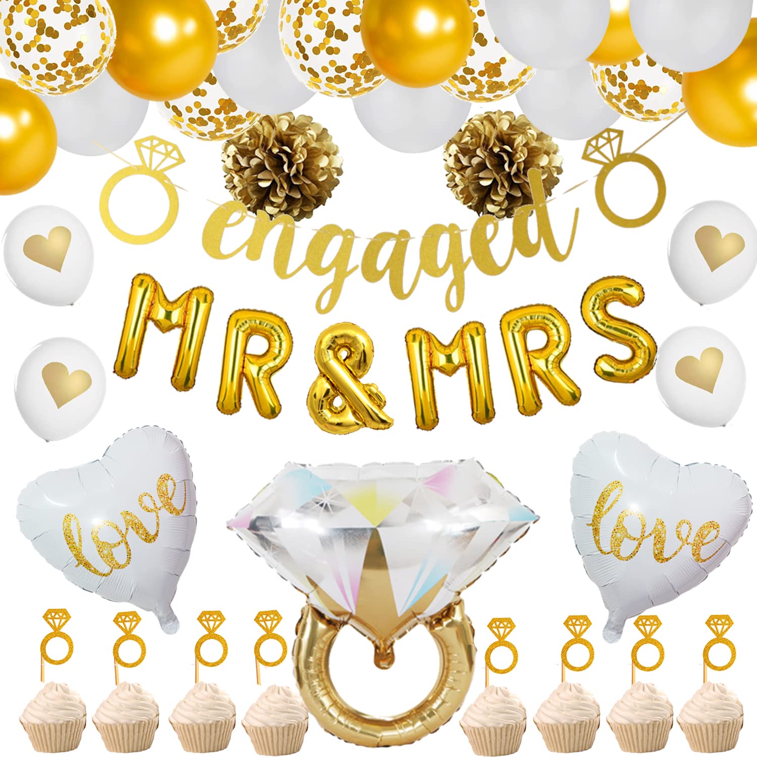 Gold Engagement Party Decorations, Gold Engaged Banner, MR and MRS Balloons, Giant Ring, Heart Balloons, Gold Latex Confetti Balloons for Engagement Bachelorette and Bridal Shower Decorations