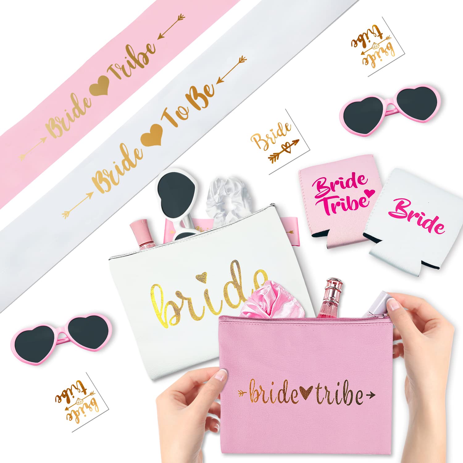 HYOWCHI Bachelorette Party Favors - Bachelorette Party Decorations Include Bride Sash, Sunglasses, Makeup Bags, Cups, Koozies, Photo Props, Headband, Scrunchies, Bridal Shower Decorations Supplies