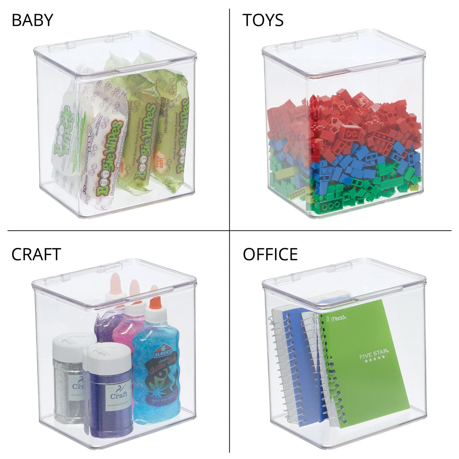 mDesign Plastic Playroom and Gaming Storage Organizer Box Containers with Hinged Lid for Shelves or Cubbies, Holds Small Toys, Building Blocks, Puzzles, Markers, Controllers, or Crayons, 8 Pack, Clear