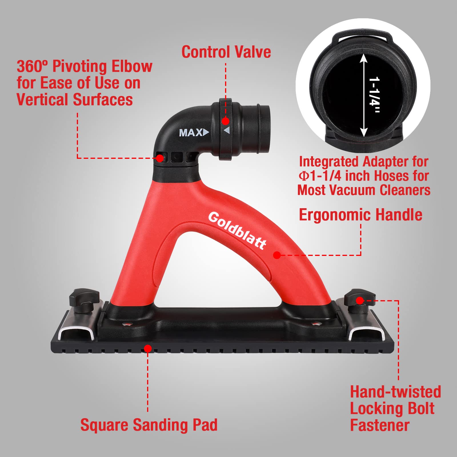 Goldblatt Dust Free Hand Sander, Dustless Drywall Vacuum Sander, with 6.5 ft Hose, Sanding Pad, Adapter