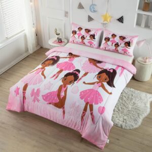 CKOU CCOO Girls Pink Ballerina Comforter Set Twin,African American Black Girl Bedding Set,Cute Little Ballet Princess Comforter Set Bedspread for Kids Toddler Girls BeBedroom Set Room Decor