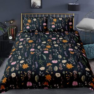 CCoutueChen Black Floral Duvet Cover King Size Vibrant Flower Leaves Printed Pattern Bedding Set with Butterfly 3 Pieces Soft Comfortable Microfiber Cover with Zipper and Ties