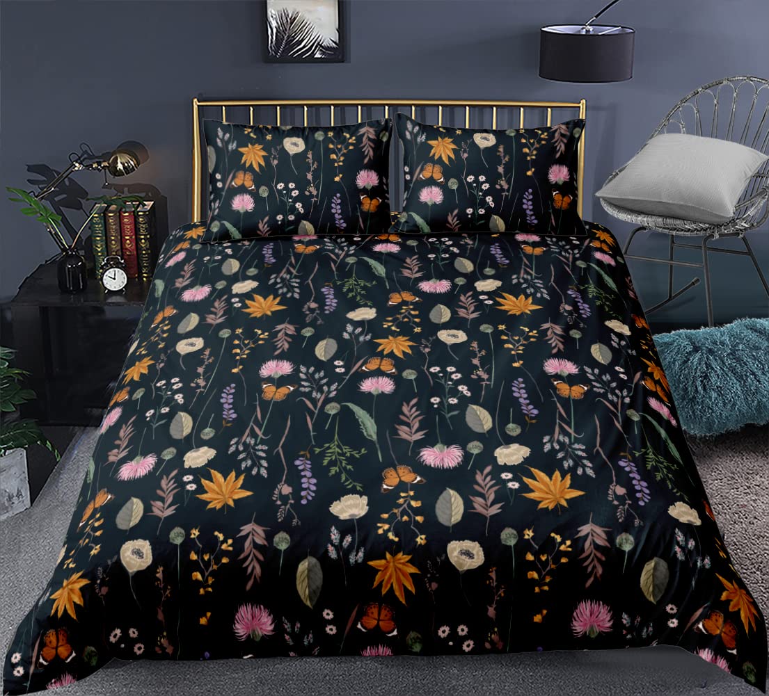 CCoutueChen Black Floral Duvet Cover King Size Vibrant Flower Leaves Printed Pattern Bedding Set with Butterfly 3 Pieces Soft Comfortable Microfiber Cover with Zipper and Ties