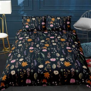 CCoutueChen Black Floral Duvet Cover King Size Vibrant Flower Leaves Printed Pattern Bedding Set with Butterfly 3 Pieces Soft Comfortable Microfiber Cover with Zipper and Ties