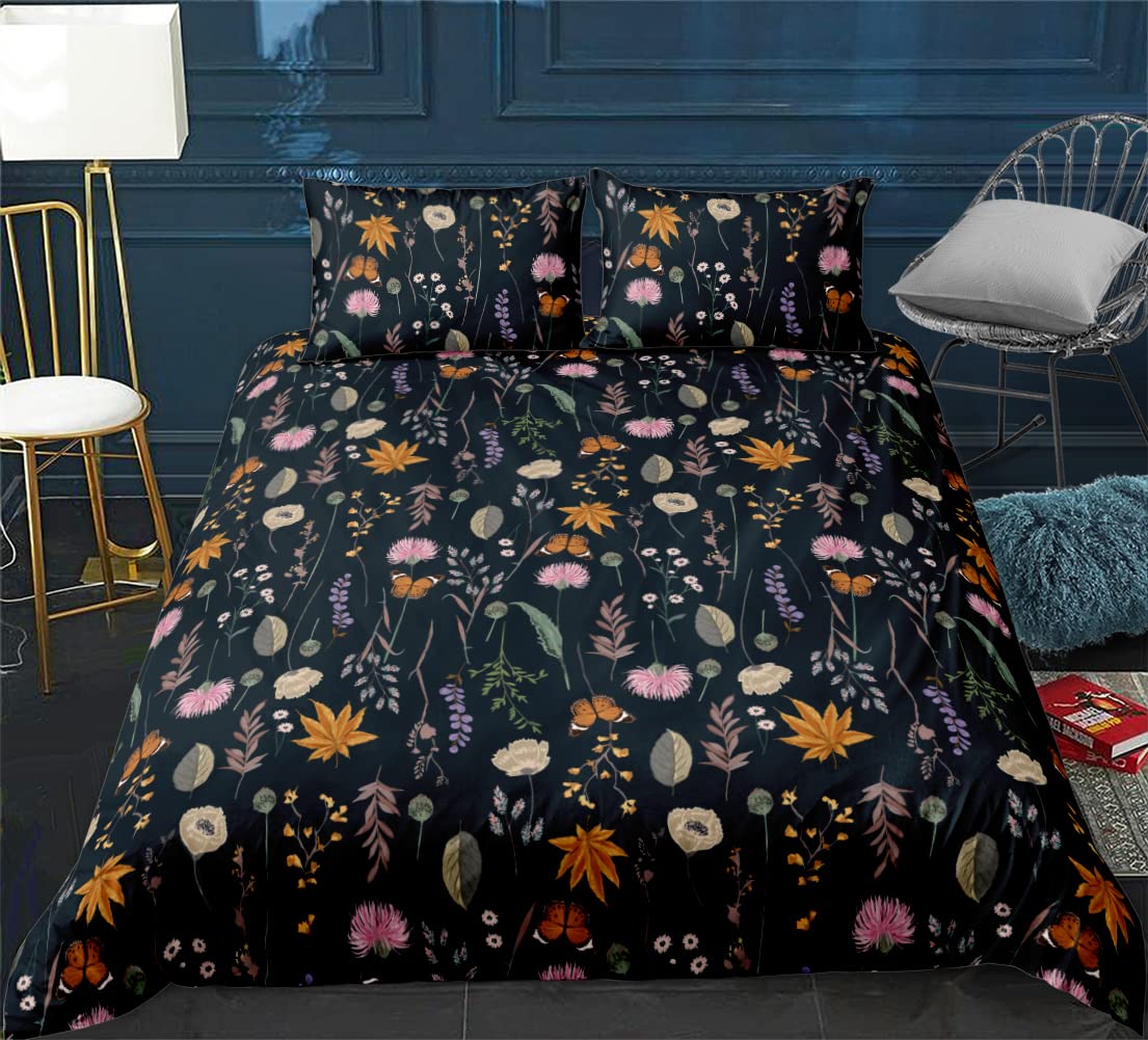 CCoutueChen Black Floral Duvet Cover King Size Vibrant Flower Leaves Printed Pattern Bedding Set with Butterfly 3 Pieces Soft Comfortable Microfiber Cover with Zipper and Ties