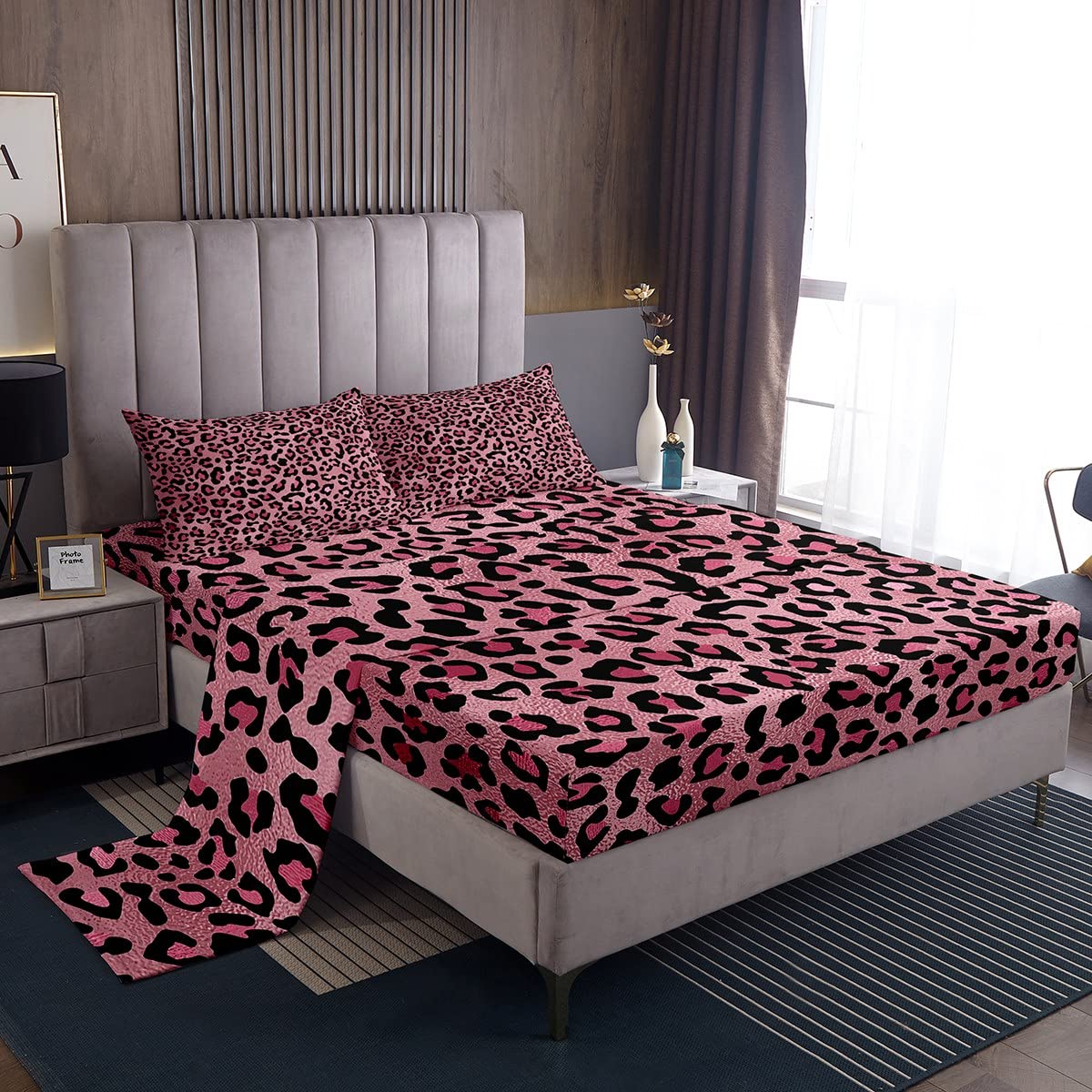 Pink Leopard Print Sheet Set Twin,Cheetah Bedding Set for Kids Teens Girls,Wild Animal Skin Texture Romantic Fashion Bed Sheet Set 3pcs with Deep Pocket Fitted Sheet + Flat Sheet + 1 Pillowcase