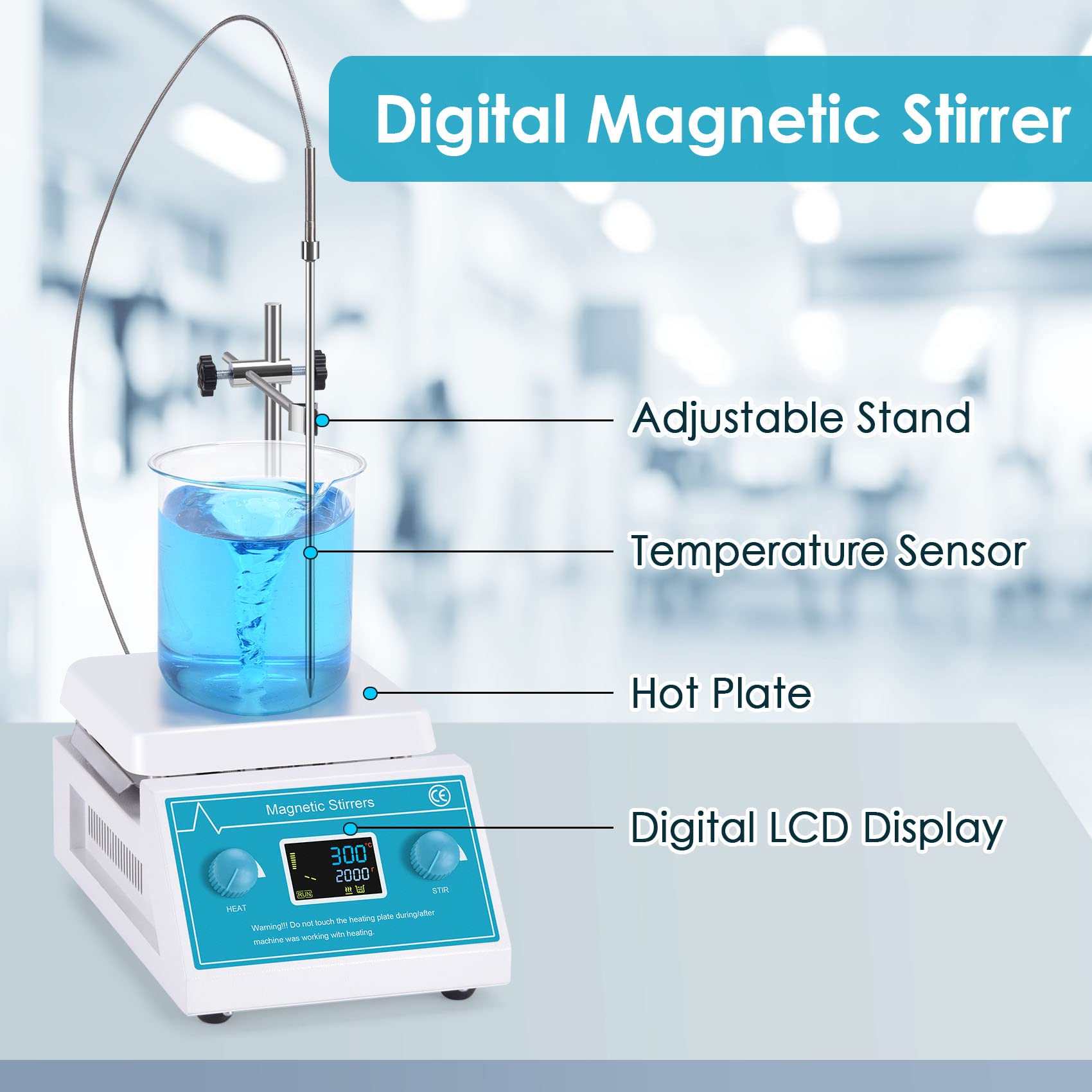 Slendor Magnetic Stirrer 5000ml Hotplate Mixer 2000 RPM Hot Plate Max 300℃/572℉ Lab Heating Plate Stirrers with LED Digital Display, Stir Bar, Temp Sensor and Support Stand