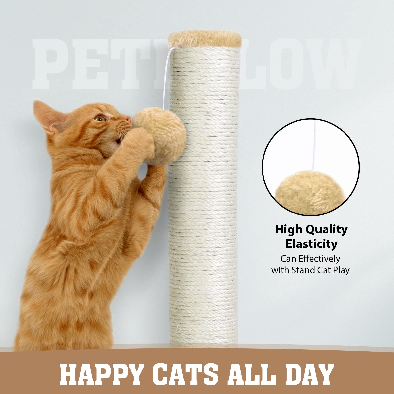 petellow 31'' Tall Cat Scratching Post - Cat Claw Scratcher with Hanging Ball - Scratching Posts for Indoor Large Cats - Durable Stable Cat Furniture with Sisal Rope - Cat Scratch Post - Beige