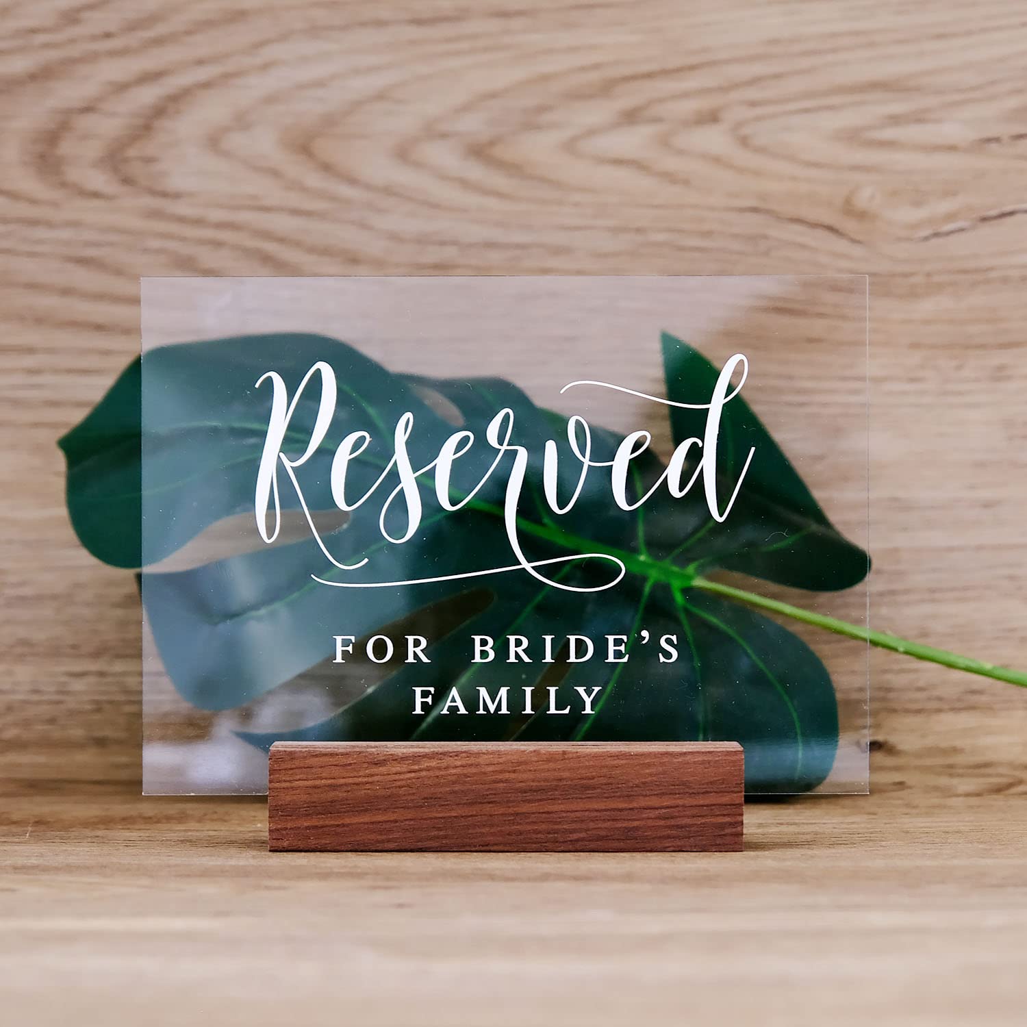 Acrylic Reserved Sign with Wood Stand- 5” x 7" Clear Acrylic Reserved For Brides Family Sign | Table Decoration Signs with Holder for Wedding Reception & Event Party Table Centerpiece Decoration