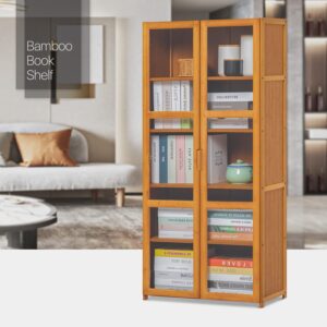 MoNiBloom Bamboo Bookcase with Acrylic Doors 5 Tier Multipurpose Storage Bookshelf Display Stand for Home Office Bedroom Living Room, Brown