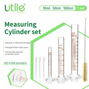 Utile Glass Graduated Cylinder Set, 3 Sizes Measuring Cylinders in 10ml 50ml 100ml, Borosilicate 3.3 Glass with Hexagonal Base, 3ml Transfer Pipettes and 1 Cleaning Brush Offered, 4099.0016.1.