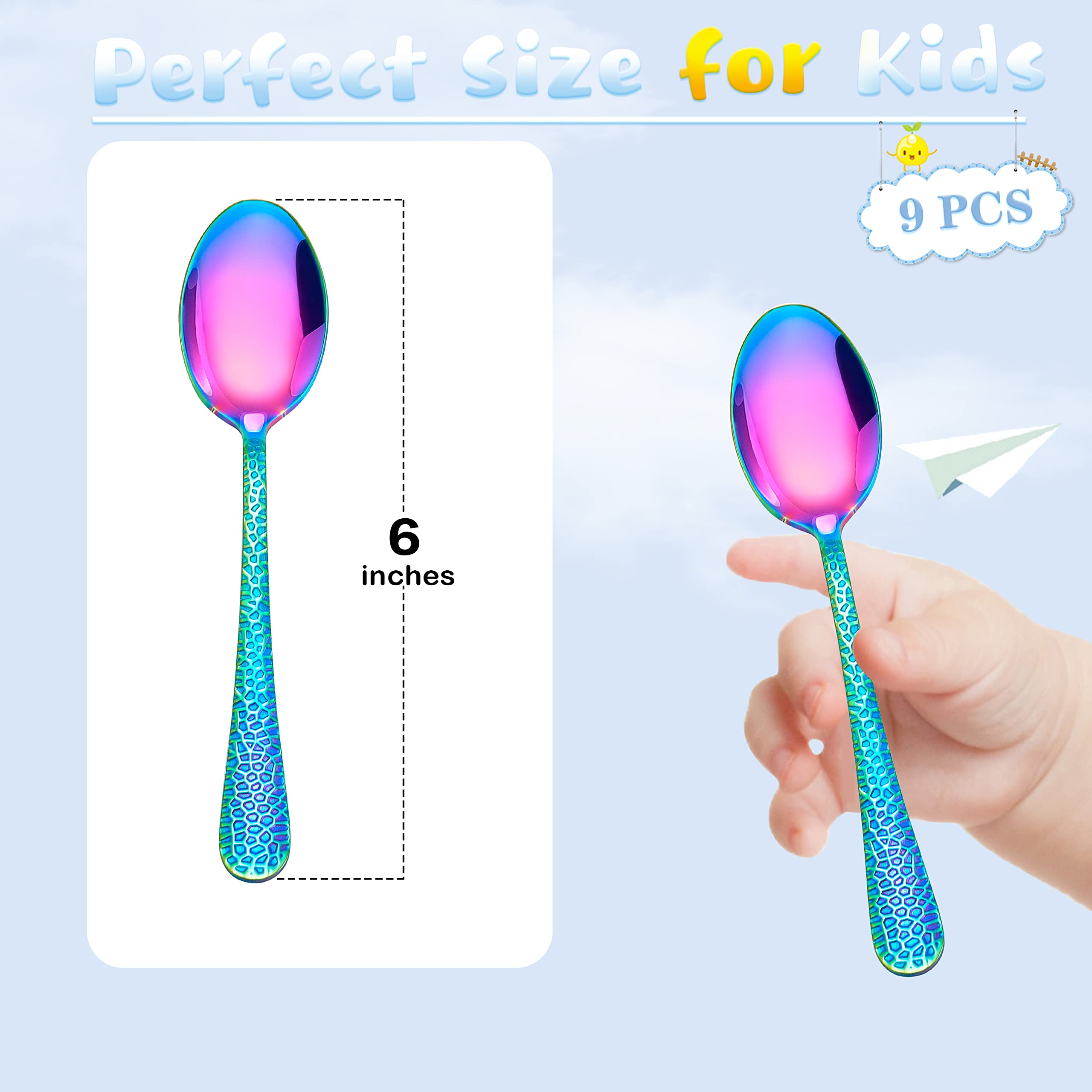 LIANYU 9 Pieces Rainbow Children Stainless Steel Spoon, Cute Kids Toddler Spoons, Children Silverware Flatware Set, Kids Children Cutlery Set, Small Kid Utensil for Self Feeding