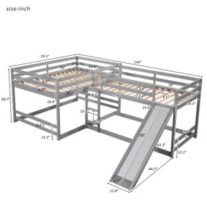 L Shaped Bunk Bed for 4, Wooden Quad Bunk Bed with Slide, Full Over Full Bunk Bed with Twin Over Twin Bunk Bed Attached for Kids Girls Boys - Gray