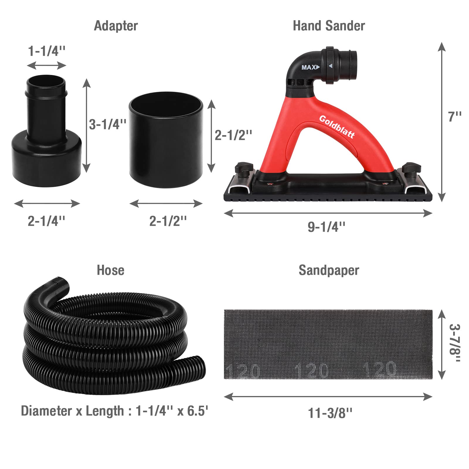 Goldblatt Dust Free Hand Sander, Dustless Drywall Vacuum Sander, with 6.5 ft Hose, Sanding Pad, Adapter