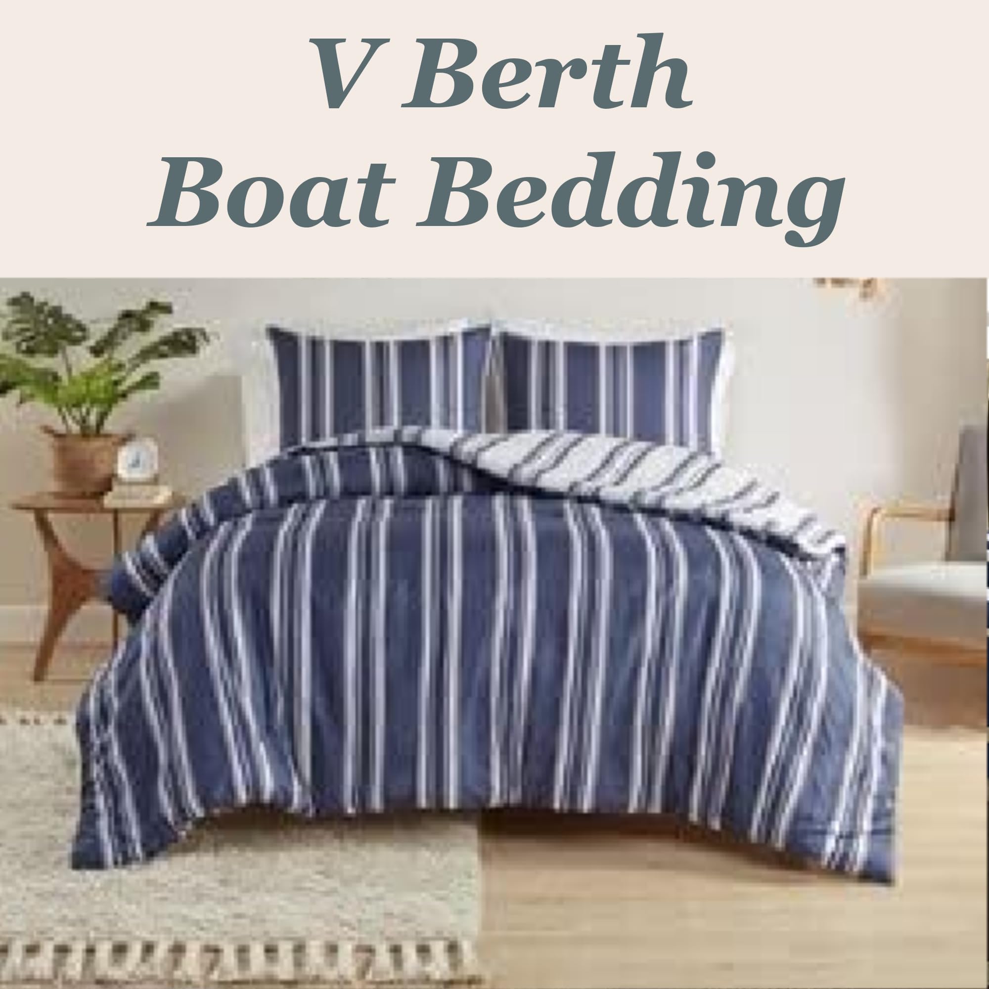 CinchFit USA Quahog Bay Universal V Berth Navy Stripe Duvet Cover & 2 Shams (Universal V Berth)