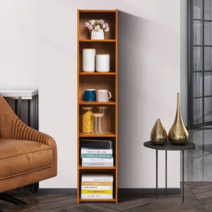 MoNiBloom Tall Slim Narrow Bookcase Bamboo 6 Tier Free Standing Tall Bookshelf Display Storage Shelves Collection Décor Furniture for Home Living Room Study Room, Brown