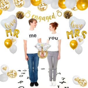 Gold Engagement Party Decorations, Gold Engaged Banner, MR and MRS Balloons, Giant Ring, Heart Balloons, Gold Latex Confetti Balloons for Engagement Bachelorette and Bridal Shower Decorations