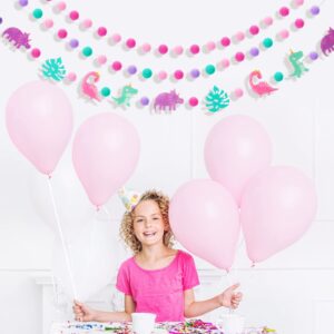 Kingdder 3 Pcs Pink Dinosaur Banner Party Decoration for Girls Pink Pom Pom Birthday Garland Felt Ball Banner Dinosaur Theme Holiday Hanging Garlands for Baby Shower Nursery Photo Prop Party Supplies