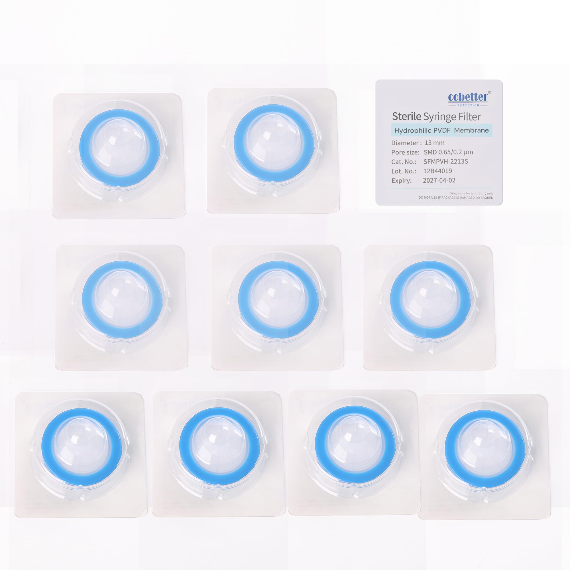 COBETTER 10 pcs/PK Sterile Syringe Filter Double-Layer Hydrophilic PVDF Membrane 0.2μm Lab Filters 13mm Diameter Individually Packed, Blue