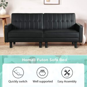 VUYUYU Futon Sofa Couch Bed, Faux Leather Loveseat Couches for Living Room, Mid-Century Modern Tufted Convertible Love Seats Recliner Sleeper Sofa for Small Space with Armrest/Side Pockets