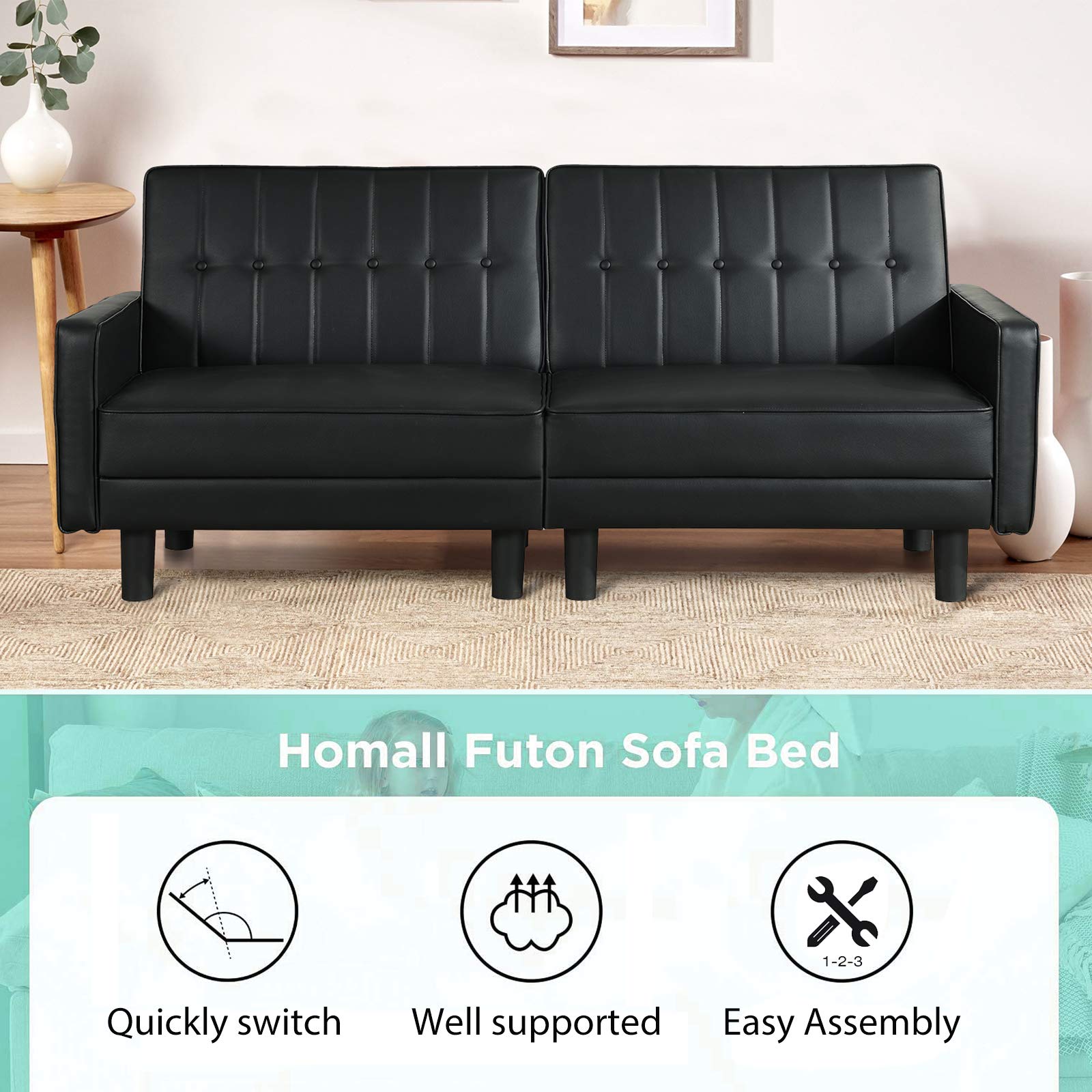 VUYUYU Futon Sofa Couch Bed, Faux Leather Loveseat Couches for Living Room, Mid-Century Modern Tufted Convertible Love Seats Recliner Sleeper Sofa for Small Space with Armrest/Side Pockets