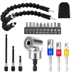 19pcs flexible-drill-bit-extension set,hex shank 105°right-angle-drill-attachmen,3pcs 1/4 3/8 1/2" universal socket adapter set,3pcs drill-bits holder.