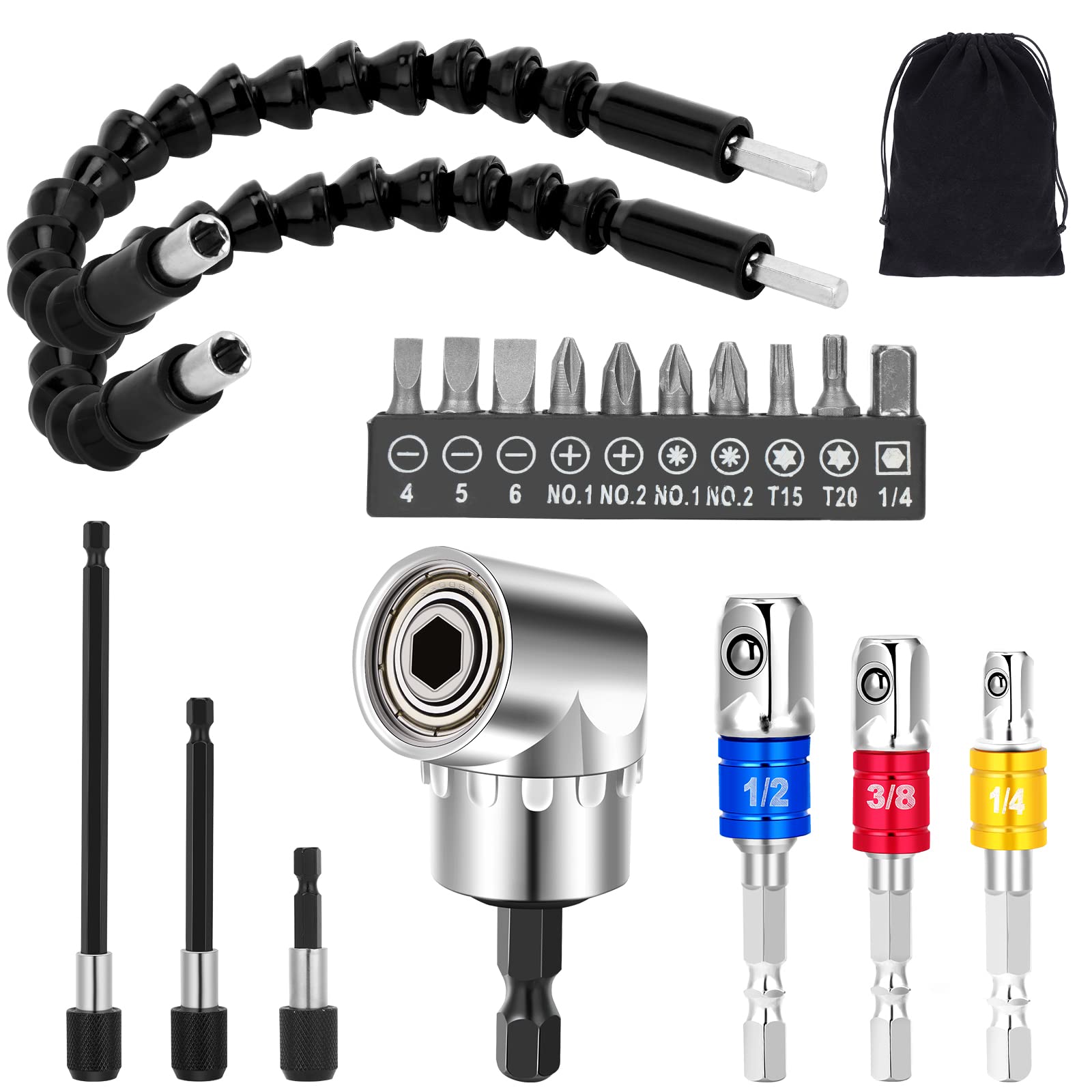 19pcs Flexible-Drill-Bit-Extension Set,Hex Shank 105°Right-Angle-Drill-Attachmen,3pcs 1/4 3/8 1/2" Universal Socket Adapter Set,3pcs Drill-Bits Holder.