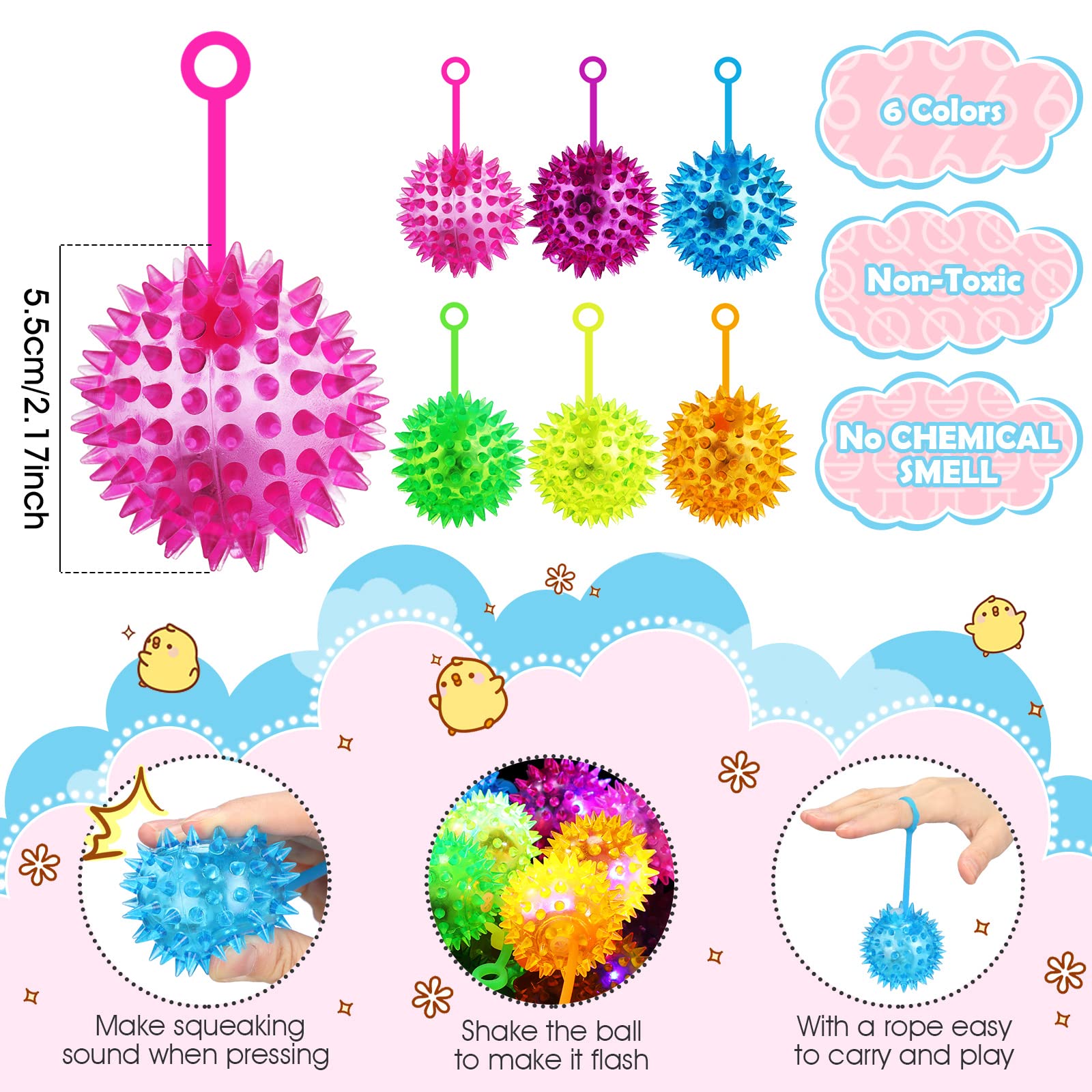 Sotiff 18 Pcs Light up Ball Spiky LED Bouncy Ball Flashing Squeaky Ball Multicolor Puffer Balls Stress Relief Balls Rubber Sensory Toy Carnival Prizes Bulk Party Favors for Teens, Adults, Children