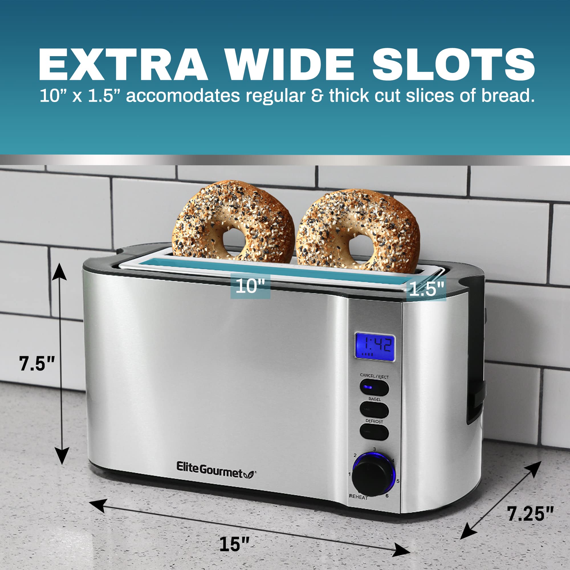 Elite Gourmet ECT2428 Extra Wide 1.25” Slot 2-Slice Toaster, Cancel, Defrost and Bagel Functions, 6 Toast Settings, Slide-Out Crumb Tray, Stainless Steel