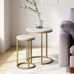 nathan james lula nesting round side set of 2, accent end table for living room with wood or marble finish tabletop and metal base, white/gold