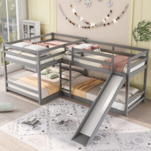 l shaped bunk bed for 4, wooden quad bunk bed with slide, full over full bunk bed with twin over twin bunk bed attached for kids girls boys - gray