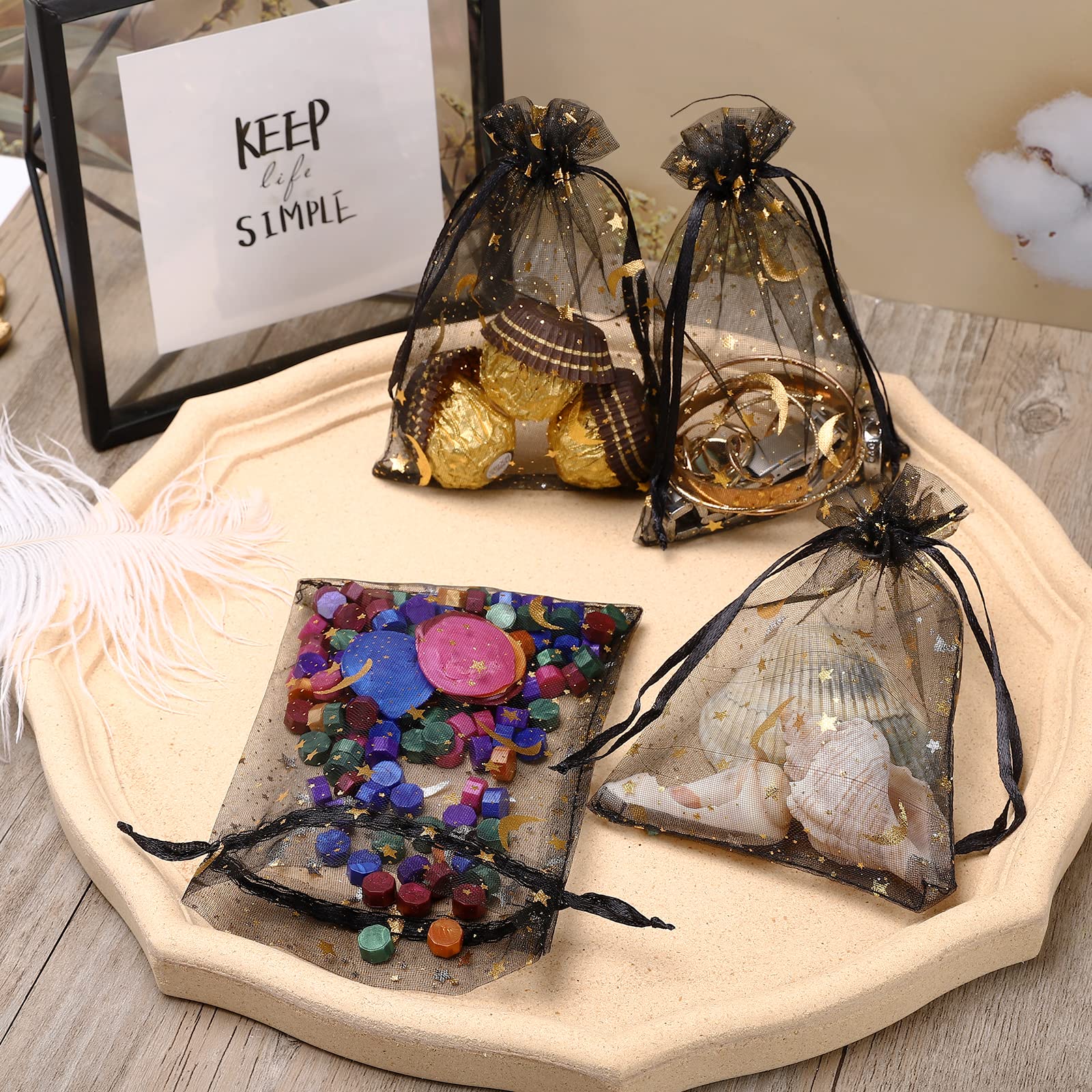 WenTao 100PCS Moon Star Sheer Organza Bags, Black Wedding Favor Bags with Drawstring, 4X6 Jewelry Gift Bags for Party, Jewelry, Christmas, Festival, Makeup Organza Favor Bags