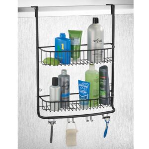 mDesign Extra Wide Stainless Steel Bath/Shower Over Door Caddy, Hanging Storage Organizer 2-Tier Rack with Hook and Basket, Holder for Soap, Shampoo, Loofah, Body Wash, Omni Collection, Black