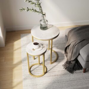 Nathan James Lula Nesting Round Side Set of 2, Accent End Table for Living Room with Wood or Marble Finish Tabletop and Metal Base, White/Gold