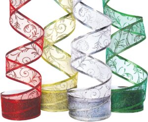 christmas ribbon wired 1.5 inch set of 4 ribbon wire red, green, gold, silver/white sheer organza glitter gift, xmas ribbons decoration, holiday craft, gifts wrap 40 yards / 10 yard ea. roll