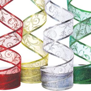 Christmas Ribbon Wired 1.5 Inch Set of 4 Ribbon Wire Red, Green, Gold, Silver/White Sheer Organza Glitter Gift, Xmas Ribbons Decoration, Holiday Craft, Gifts Wrap 40 Yards / 10 Yard Ea. Roll