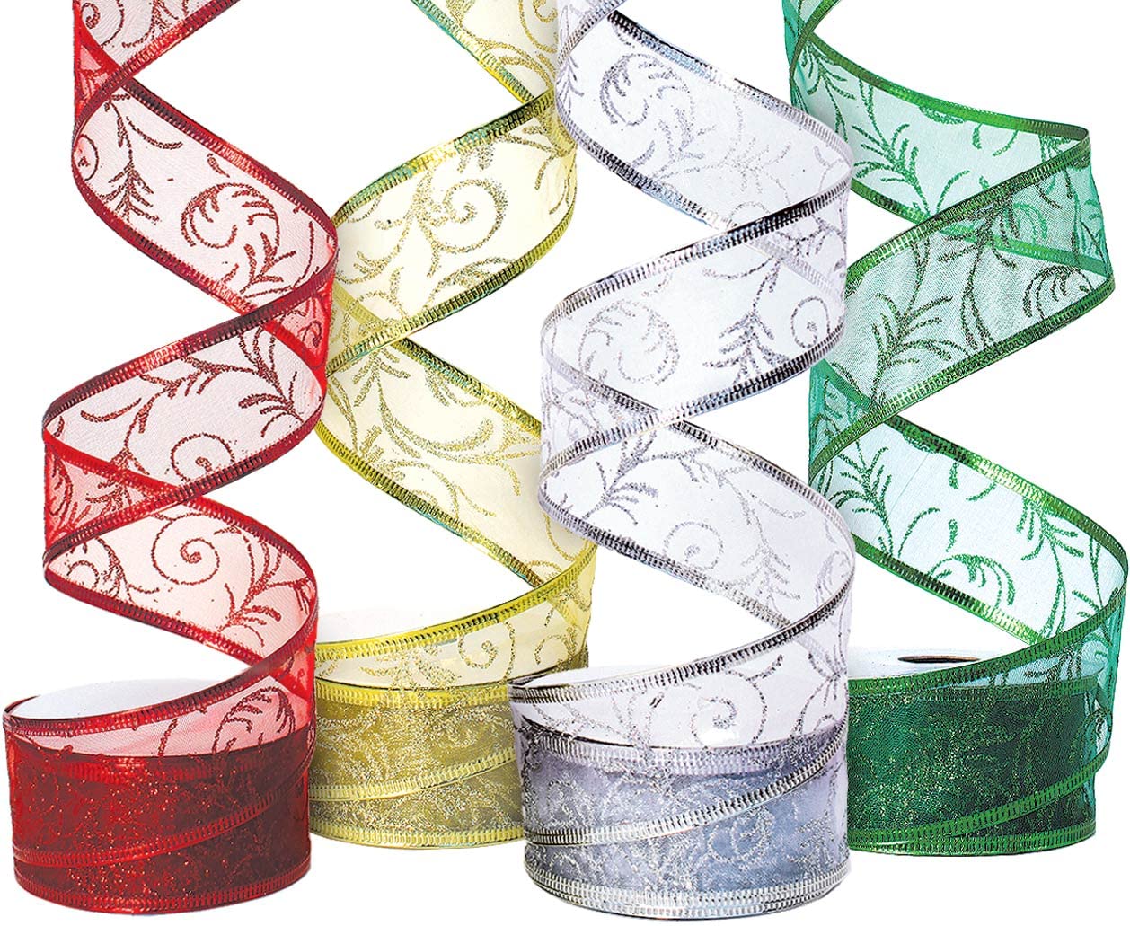 Christmas Ribbon Wired 1.5 Inch Set of 4 Ribbon Wire Red, Green, Gold, Silver/White Sheer Organza Glitter Gift, Xmas Ribbons Decoration, Holiday Craft, Gifts Wrap 40 Yards / 10 Yard Ea. Roll