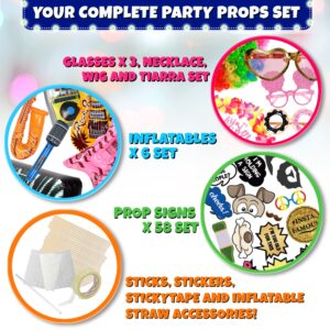 SOUL SHIFT 70 Pc Large Premium Photo Booth Props Set for All Occasions - Wedding Props, Birthday Props, Graduation Props, Inflatables, Large Glasses, Multi-Colored Wig, Hawaiian Lei, Hand Pump