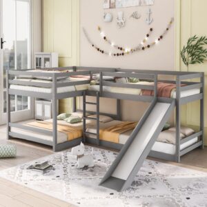 L Shaped Bunk Bed for 4, Wooden Quad Bunk Bed with Slide, Full Over Full Bunk Bed with Twin Over Twin Bunk Bed Attached for Kids Girls Boys - Gray