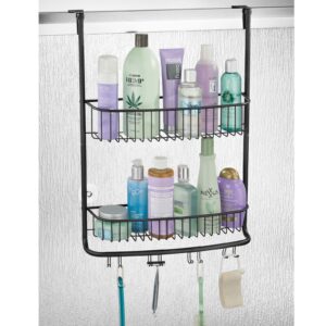 mDesign Extra Wide Stainless Steel Bath/Shower Over Door Caddy, Hanging Storage Organizer 2-Tier Rack with Hook and Basket, Holder for Soap, Shampoo, Loofah, Body Wash, Omni Collection, Black