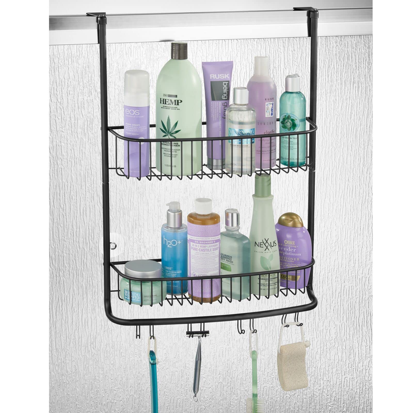 mDesign Extra Wide Stainless Steel Bath/Shower Over Door Caddy, Hanging Storage Organizer 2-Tier Rack with Hook and Basket, Holder for Soap, Shampoo, Loofah, Body Wash, Omni Collection, Black