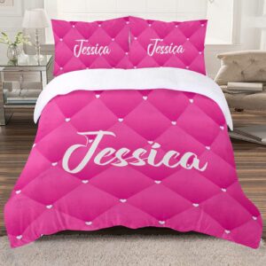 XIUCOO Personalized Pink Heart Print Duvet Cover Sets with Name Bedding Set 3 Pcs Quilt Cover with Zipper for Adult Birthday Gift,Queen Size